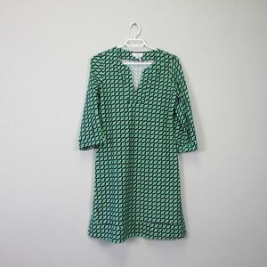 Jude Connally Shift Dress S Green Geometric 3/4 Sleeve Knee Length Retro 318